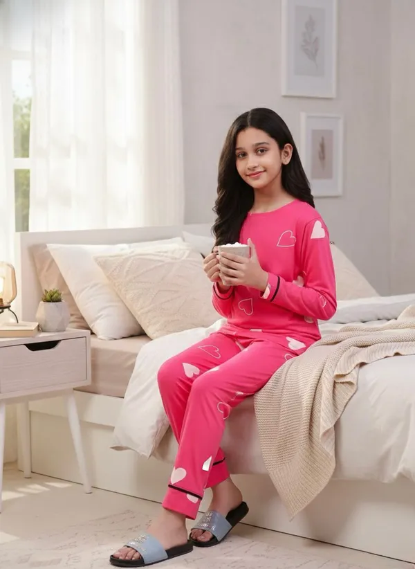 100%_Cotton_Full_Sleeves_Heart_Print_Night_Suit_-Pink