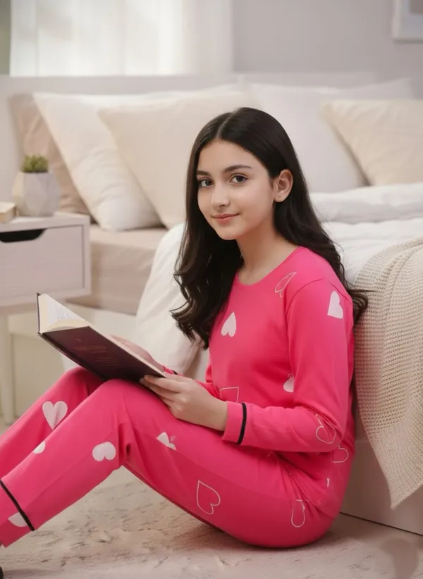 100%_Cotton_Full_Sleeves_Heart_Print_Night_Suit_-Pink