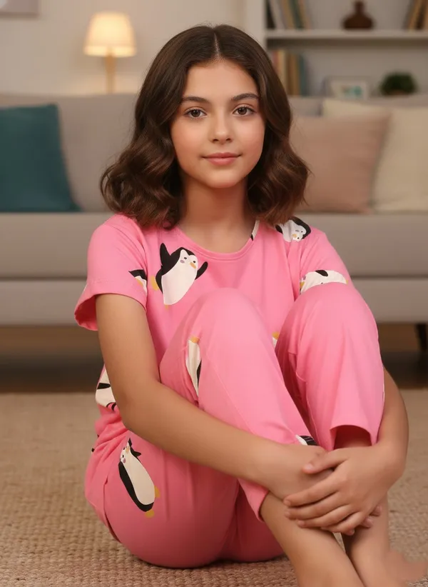 100%_Cotton_Knit_Half_Sleeves_Penguin_Print_Night_Suit-Pink