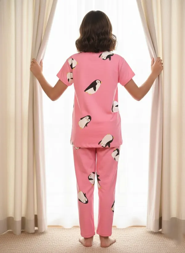 100%_Cotton_Knit_Half_Sleeves_Penguin_Print_Night_Suit-Pink