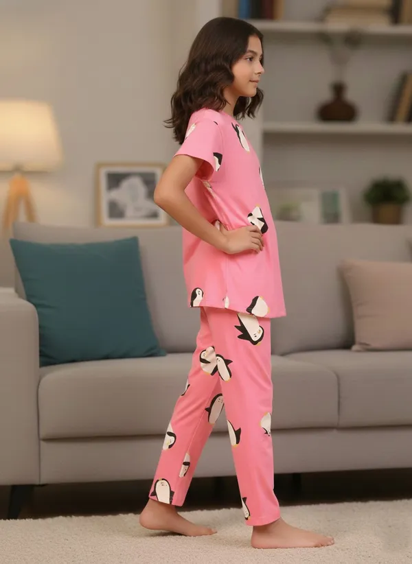 100%_Cotton_Knit_Half_Sleeves_Penguin_Print_Night_Suit-Pink