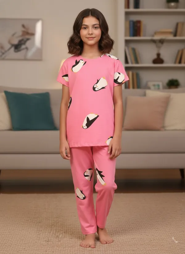 100%_Cotton_Knit_Half_Sleeves_Penguin_Print_Night_Suit-Pink