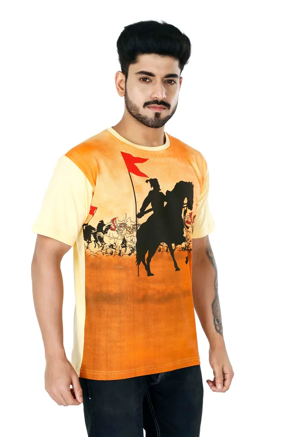 Butter_Yellow_Round_Neck_Printed_Half_Sleeve_T-Shirt_For_Men