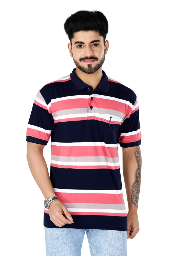 Multicolour_Polo_Neck_Half_Sleeve_T-Shirt_With_Pocket_For_Men