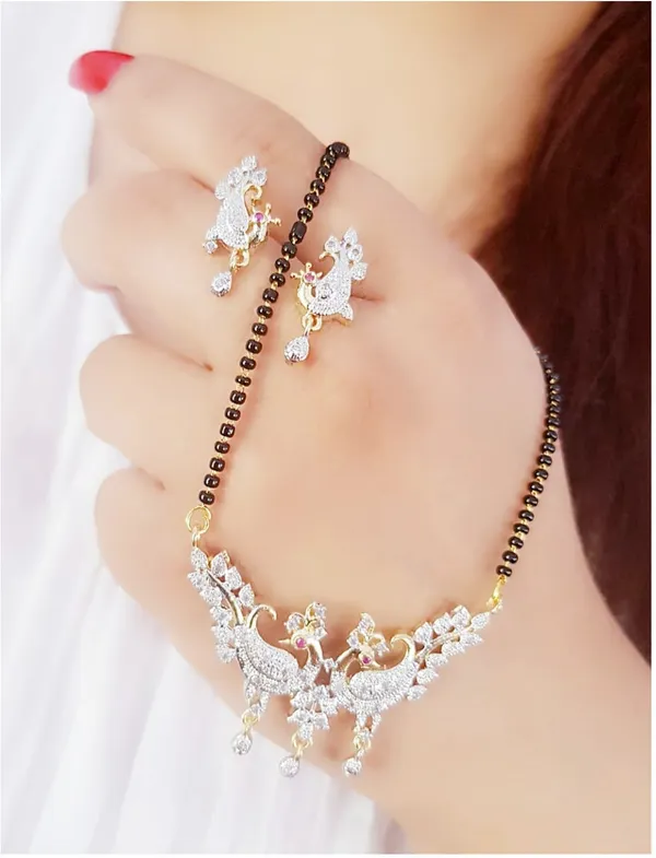 White_&_Gold_&_Black_Elegant_Mangalsutra_&_Earring_Set_For_Women