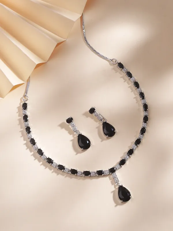 Black_AD_Stone_Silver_Plated_Necklace_Set_for_Women_|_Matching_Earrings_|_Party_&_Evening_Wear_Jewellery_Set