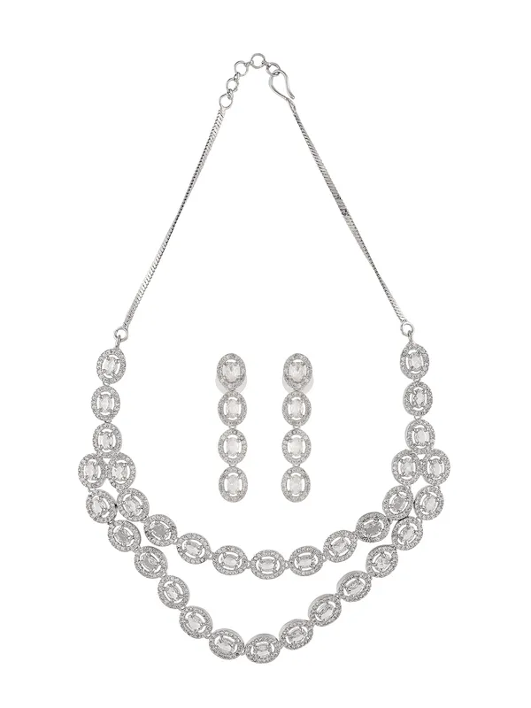 Double_Layer_AD_Stone_Necklace_Set_for_Women_|_Silver_Plated_Bridal_Jewellery_with_Long_Drop_Earrings_|_Stylish_Western_Party_Wear_Set