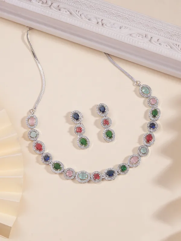 Silver_Plated_Multicolor_CZ_Stone_Necklace_Set_with_Drop_Earrings_|_Jewelry_set_for_Women