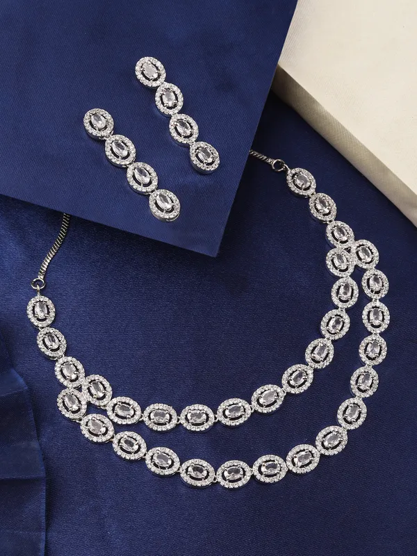Double_Layer_AD_Stone_Necklace_Set_for_Women_|_Silver_Plated_Bridal_Jewellery_with_Long_Drop_Earrings_|_Stylish_Western_Party_Wear_Set