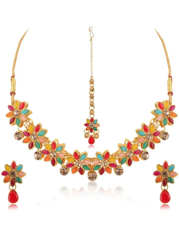 Multicolor_Elegant_Necklace,_Earring_&_Maang_Tikka_Set_For_Women