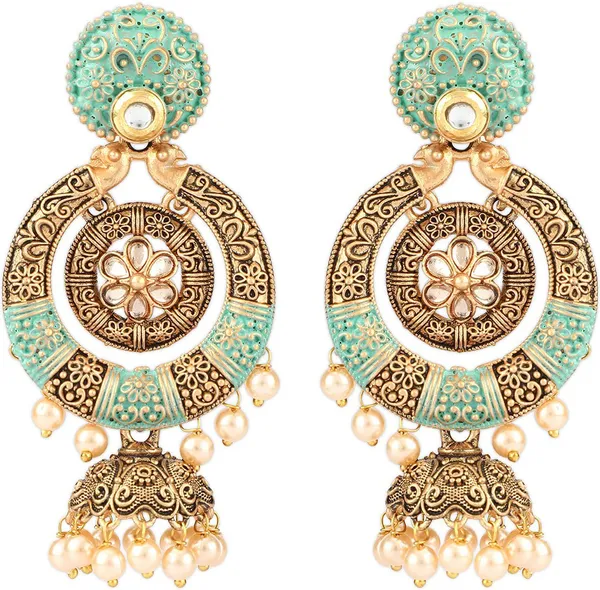 Green_&_Gold_Metal_Jhumki_Earring_For_Women