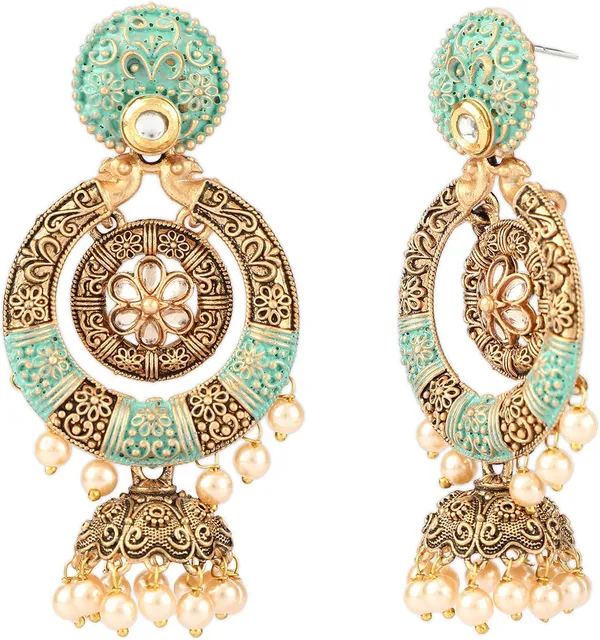 Green_&_Gold_Metal_Jhumki_Earring_For_Women