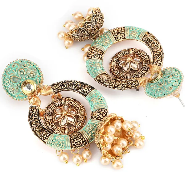 Green_&_Gold_Metal_Jhumki_Earring_For_Women