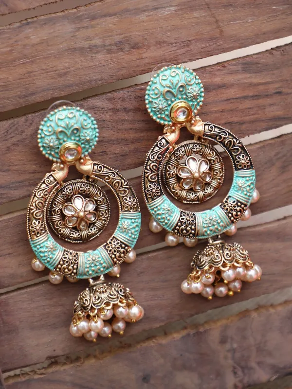 Green_&_Gold_Metal_Jhumki_Earring_For_Women