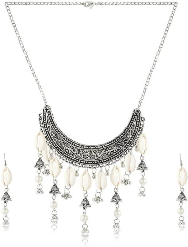 White_&_Silver_Elegant_Earring_&_Necklace_Set_For_Women