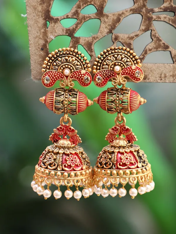 Gold_&_Red_Elegant_Jhumki_Earring_For_Women
