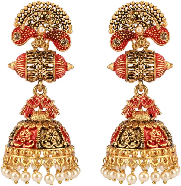 Gold_&_Red_Elegant_Jhumki_Earring_For_Women