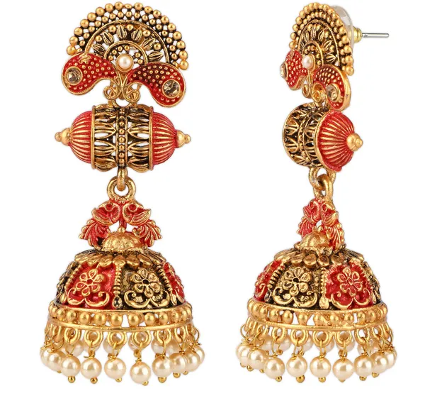 Gold_&_Red_Elegant_Jhumki_Earring_For_Women