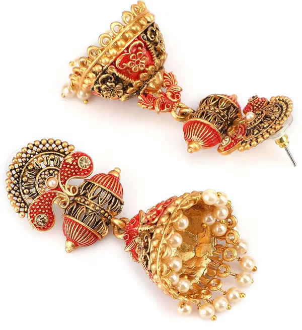 Gold_&_Red_Elegant_Jhumki_Earring_For_Women