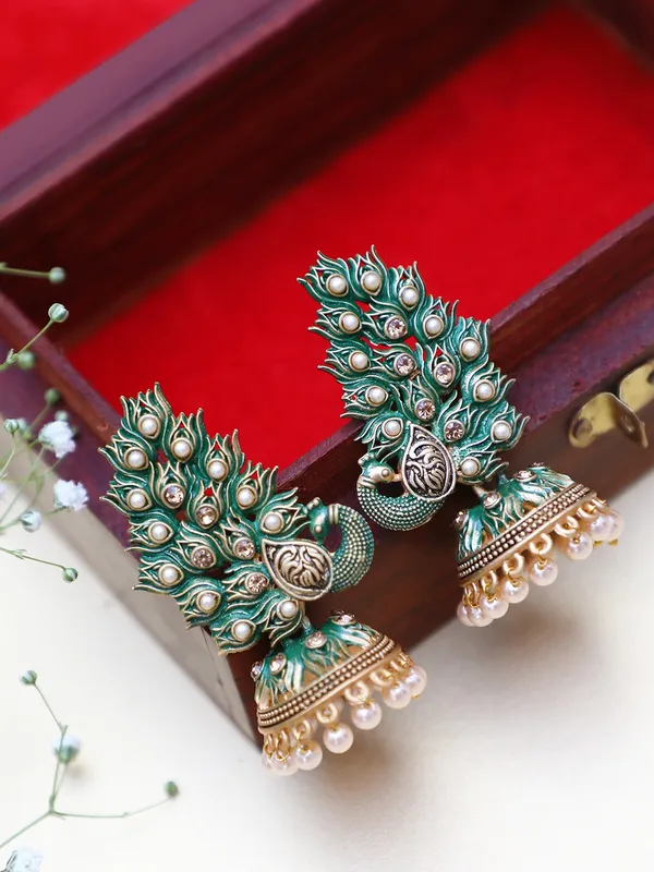 Green_&_Gold_Metal_Jhumki_Earring_For_Women