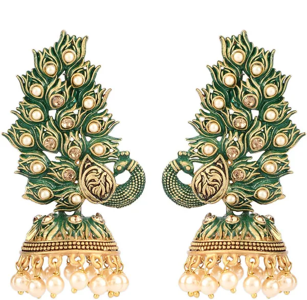 Green_&_Gold_Metal_Jhumki_Earring_For_Women
