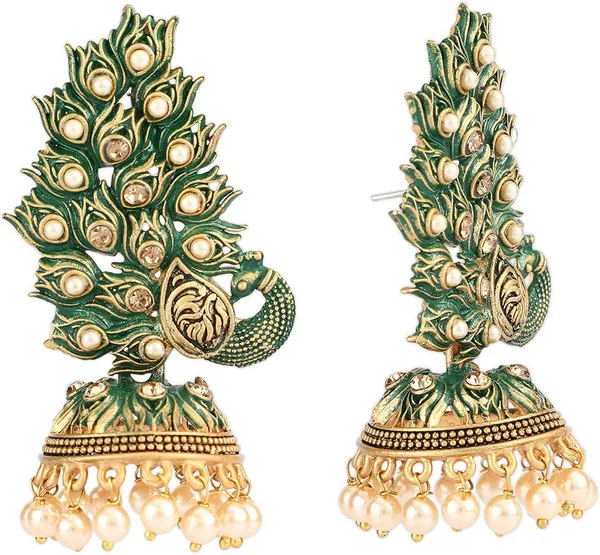 Green_&_Gold_Metal_Jhumki_Earring_For_Women