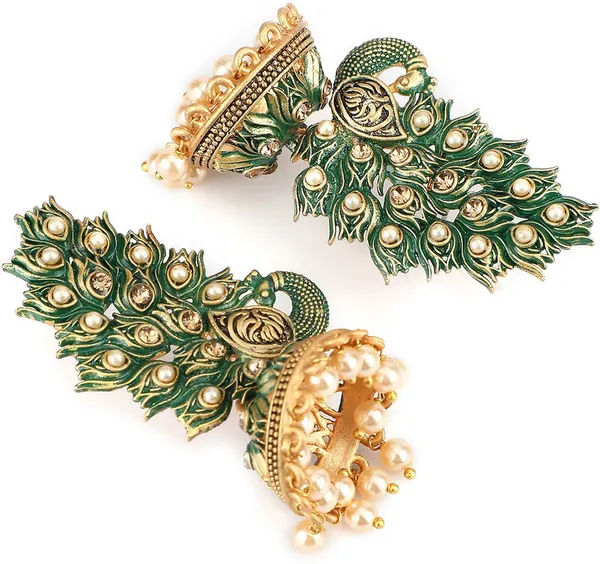Green_&_Gold_Metal_Jhumki_Earring_For_Women