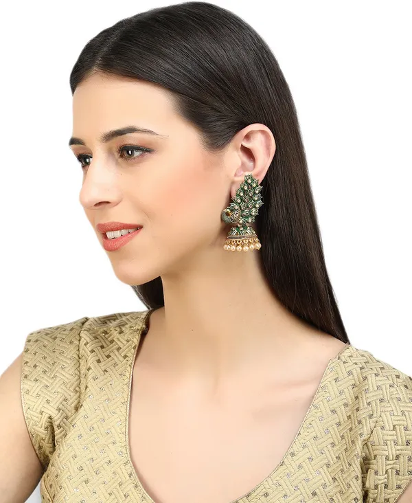 Green_&_Gold_Metal_Jhumki_Earring_For_Women