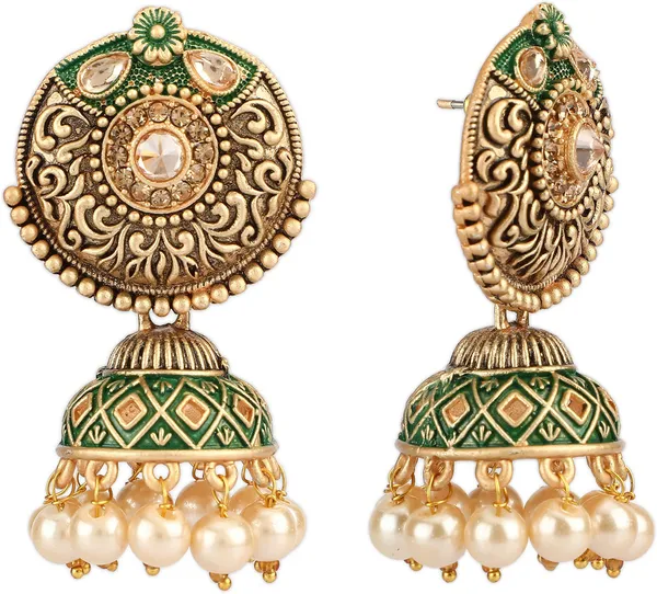 Gold_&_Green_Elegant_Jhumki_Earring_For_Women