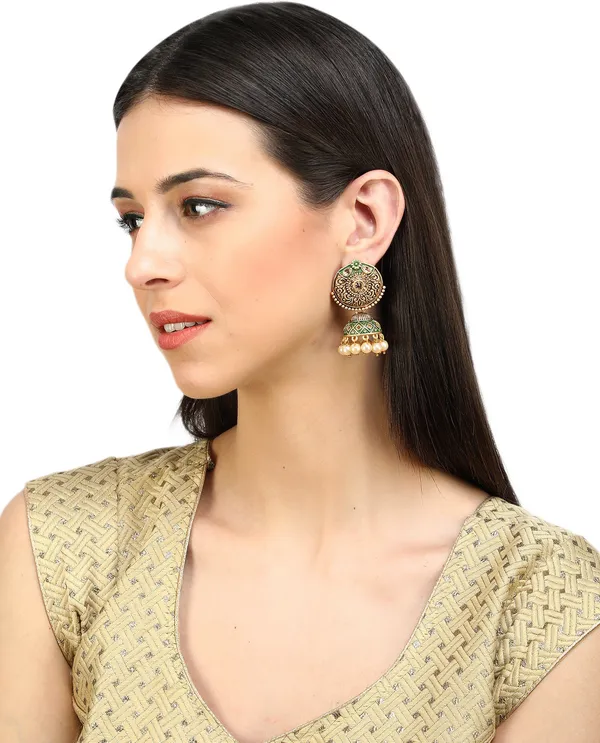 Gold_&_Green_Elegant_Jhumki_Earring_For_Women