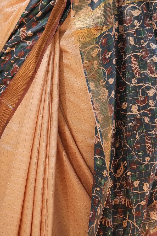 Grey_Hand_Printed_Kalamkari_Cotton_Silk_Saree_With_Running_Blouse_For_Women
