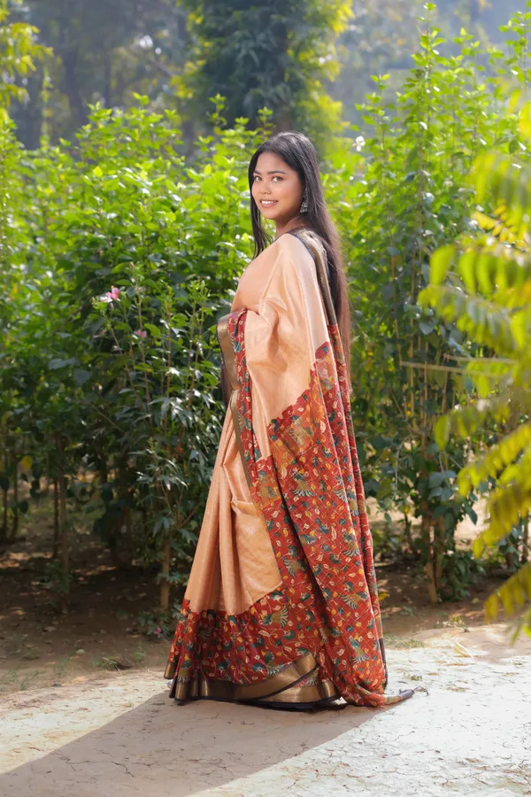 Red_Hand_Printed_Kalamkari_Cotton_Silk_Saree_With_Running_Blouse_For_Women