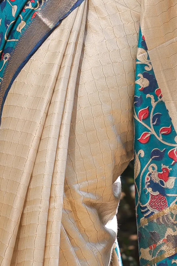 Firoza_Hand_Printed_Kalamkari_Cotton_Silk_Saree_With_Running_Blouse_For_Women