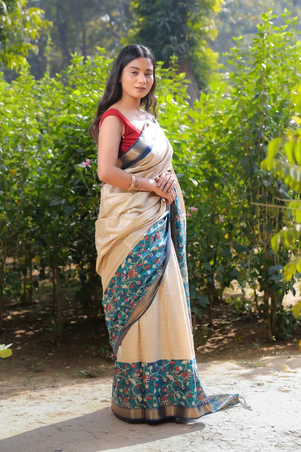 Firoza_Hand_Printed_Kalamkari_Cotton_Silk_Saree_With_Running_Blouse_For_Women