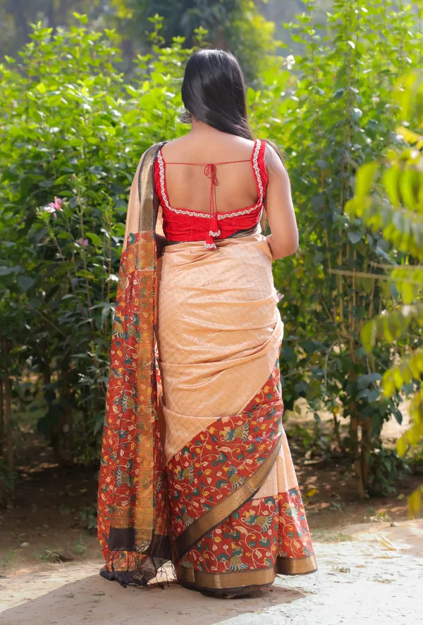Red_Hand_Printed_Kalamkari_Cotton_Silk_Saree_With_Running_Blouse_For_Women