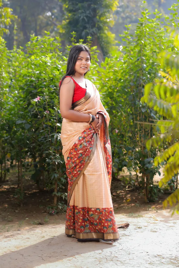 Red_Hand_Printed_Kalamkari_Cotton_Silk_Saree_With_Running_Blouse_For_Women
