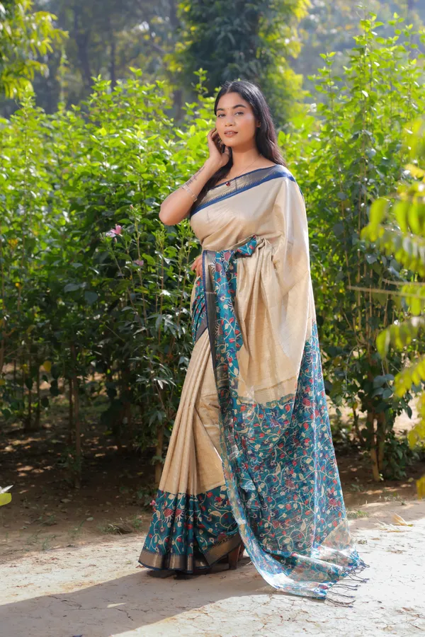 Firoza_Hand_Printed_Kalamkari_Cotton_Silk_Saree_With_Running_Blouse_For_Women