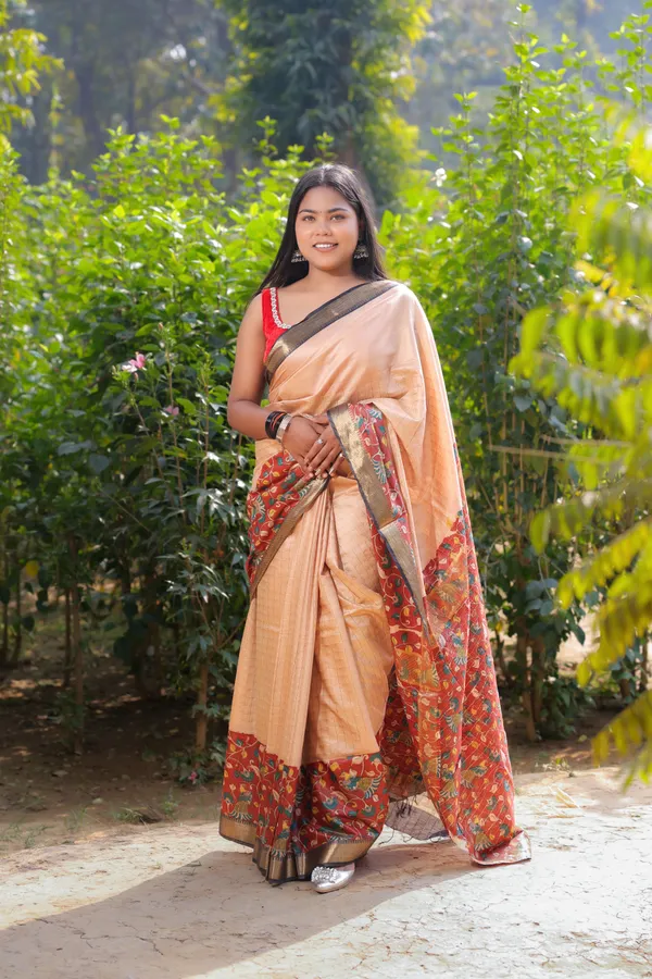 Red_Hand_Printed_Kalamkari_Cotton_Silk_Saree_With_Running_Blouse_For_Women