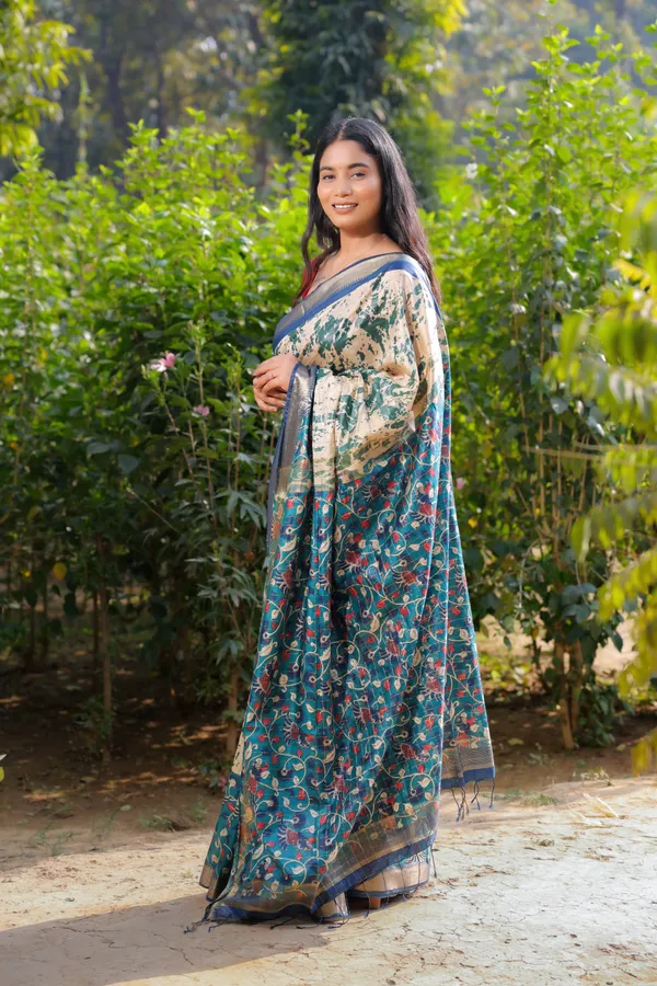 Multicolor_Hand_Printed_Kalamkari_Cotton_Silk_Saree_With_Running_Blouse_For_Women