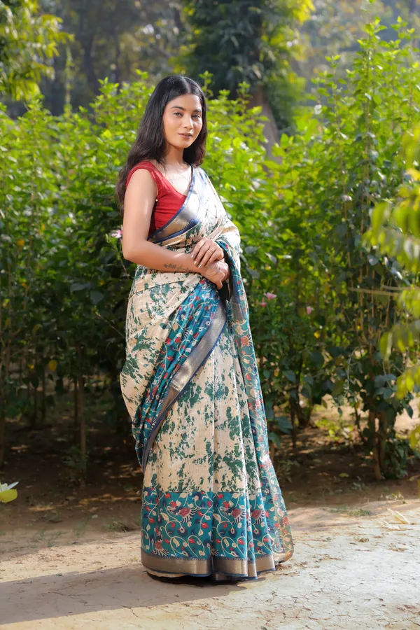Multicolor_Hand_Printed_Kalamkari_Cotton_Silk_Saree_With_Running_Blouse_For_Women