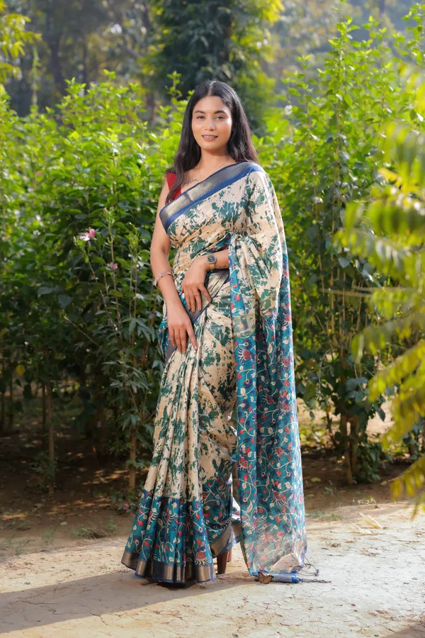 Multicolor_Hand_Printed_Kalamkari_Cotton_Silk_Saree_With_Running_Blouse_For_Women