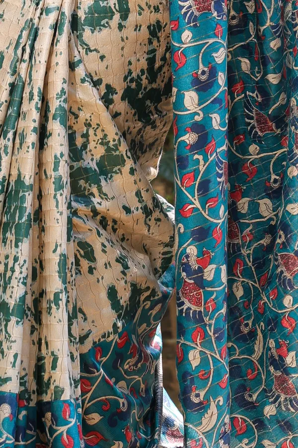 Multicolor_Hand_Printed_Kalamkari_Cotton_Silk_Saree_With_Running_Blouse_For_Women