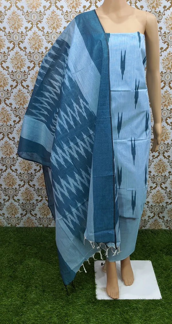 Light_Blue_Hand_Woven_Unstitched_Cotton_Linen_Dress_Material_(Top,_Bottom_&_Dupatta)_For_Women