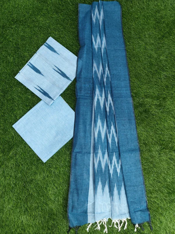 Light_Blue_Hand_Woven_Unstitched_Cotton_Linen_Dress_Material_(Top,_Bottom_&_Dupatta)_For_Women