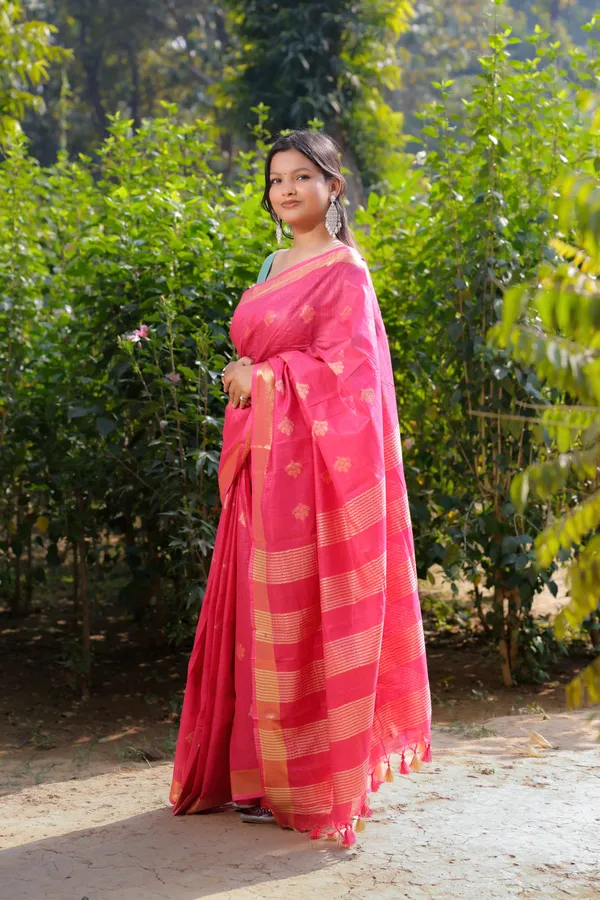 Pink_Hand_Woven_Beautiful_Small_Weaves_Boota_Cotton_Linen_Saree_With_Running_Blouse_For_Women