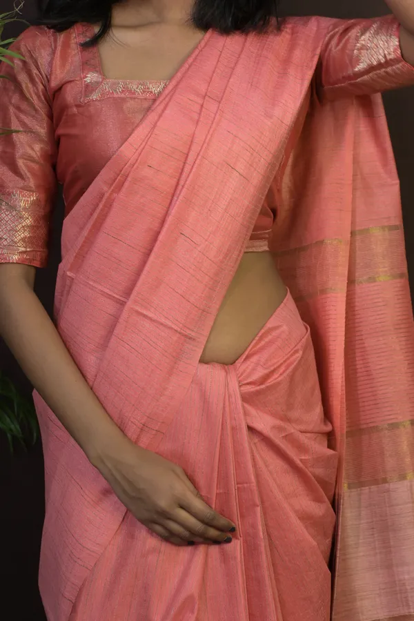 Peach_Hand_Woven_Viscose_Silk_Saree_With_Running_Blouse_For_Women