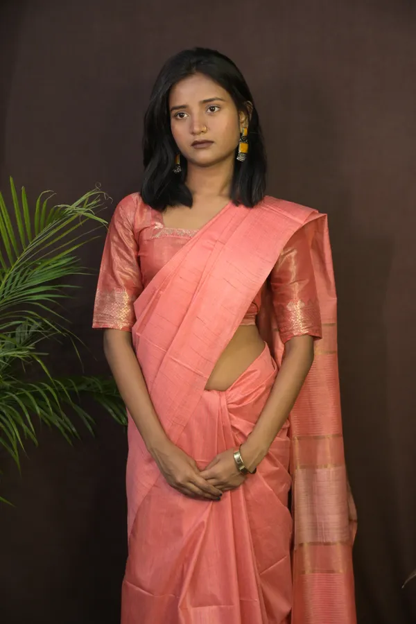 Peach_Hand_Woven_Viscose_Silk_Saree_With_Running_Blouse_For_Women