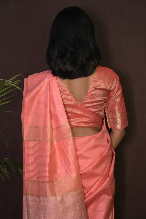 Peach_Hand_Woven_Viscose_Silk_Saree_With_Running_Blouse_For_Women