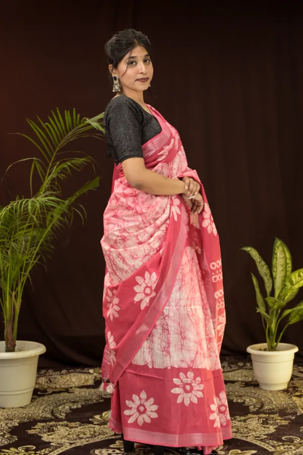 Pink_Woven_Batik_Cotton_Linen_Saree_With_Running_Blouse_For_Women