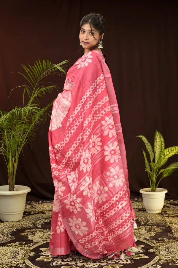 Pink_Woven_Batik_Cotton_Linen_Saree_With_Running_Blouse_For_Women